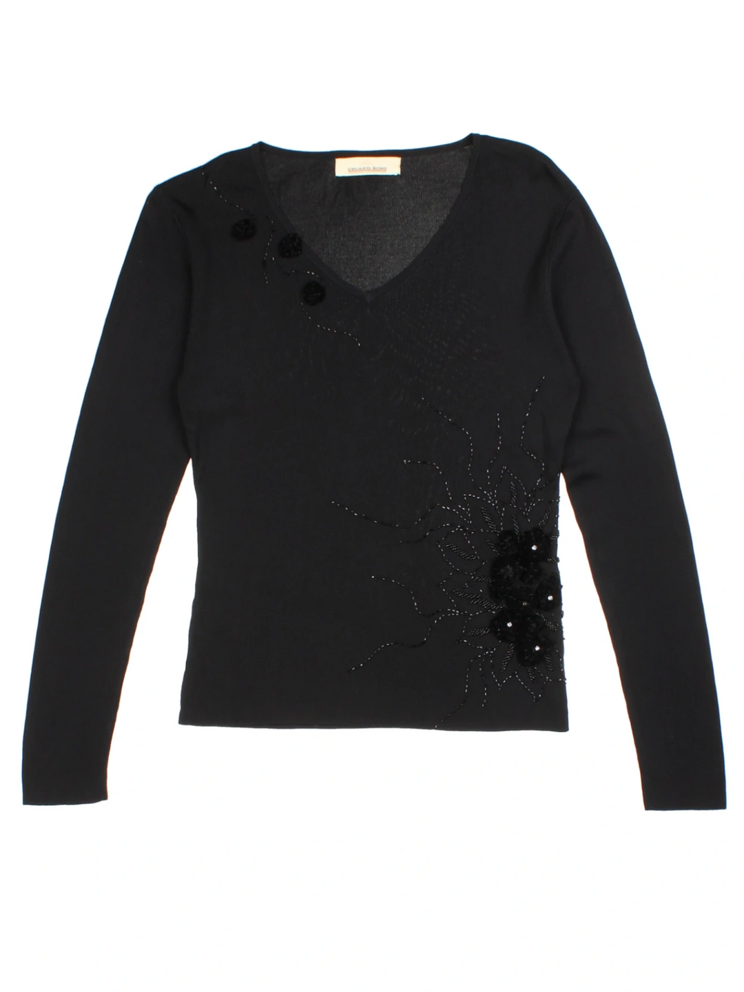 Y2K Black Floral Embellished V-Neck Jumper (Size