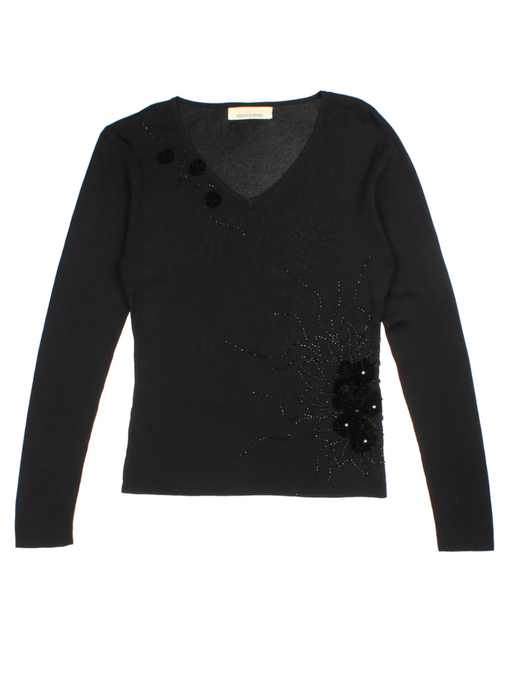 Y2K Black Floral Embellished V-Neck Jumper (Size