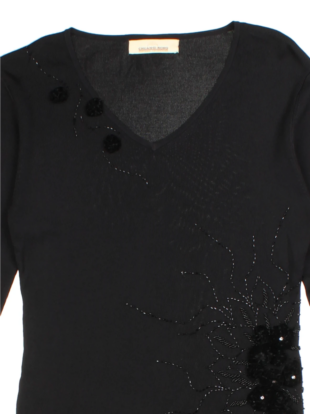 Y2K Black Floral Embellished V-Neck Jumper (Size
