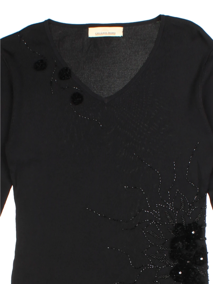 Y2K Black Floral Embellished V-Neck Jumper (Size