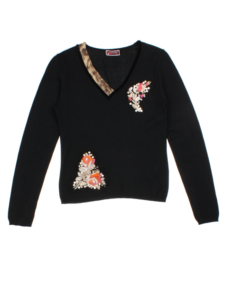 Y2K Embroidered Black V Neck Jumper (Size M)