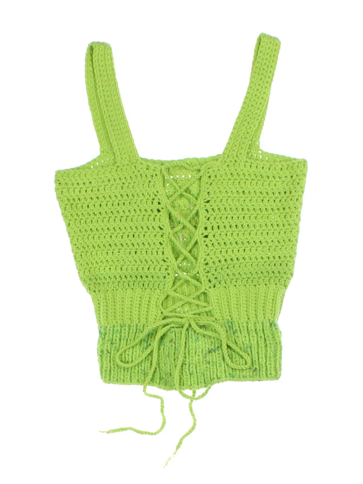 Y2K Green Daisy Applique Crochet Knit Crop Top (Size XXS)