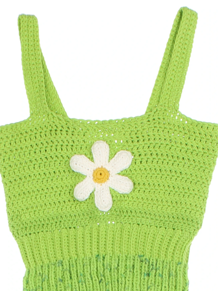 Y2K Green Daisy Applique Crochet Knit Crop Top (Size XXS)