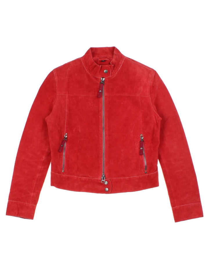 Y2K Funnel Neck Red Leather Biker Jacket (Size S)
