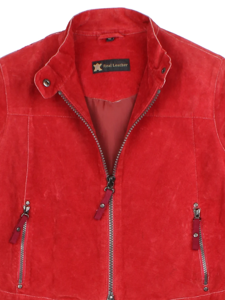 Y2K Funnel Neck Red Leather Biker Jacket (Size S)