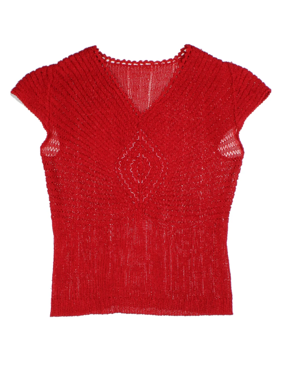 Y2K Red Open Knit V-Neck Short Sleeve Top (Size L)
