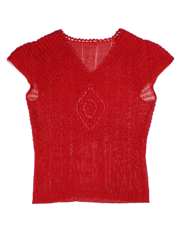 Y2K Red Open Knit V-Neck Short Sleeve Top (Size L)