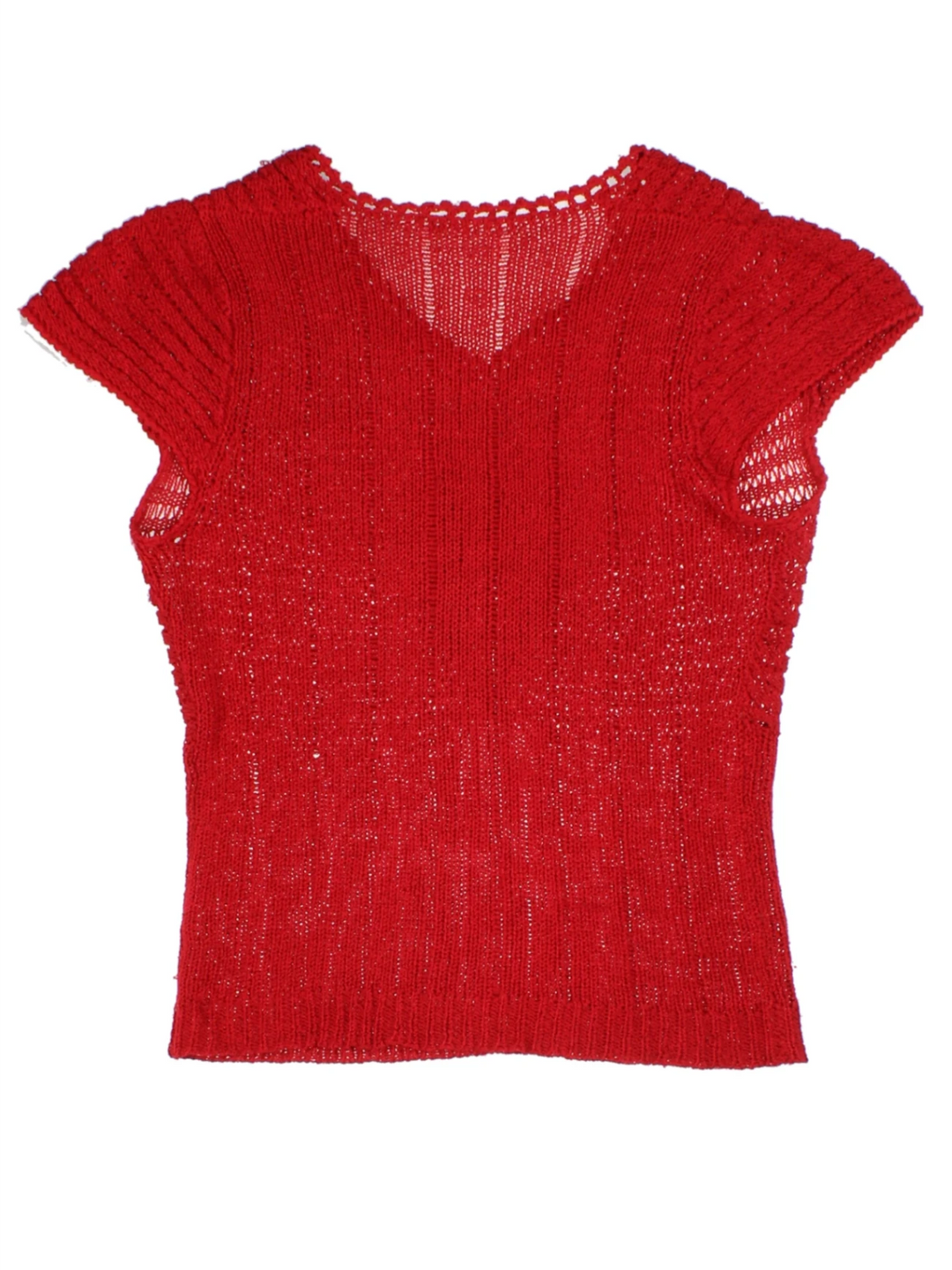 Y2K Red Open Knit V-Neck Short Sleeve Top (Size L)