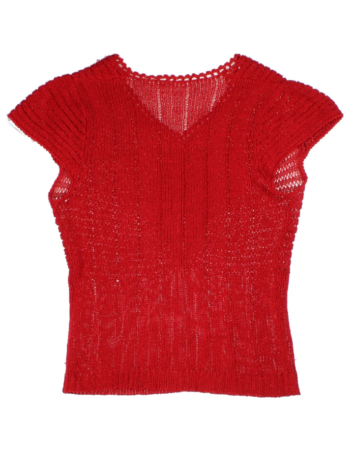 Y2K Red Open Knit V-Neck Short Sleeve Top (Size L)