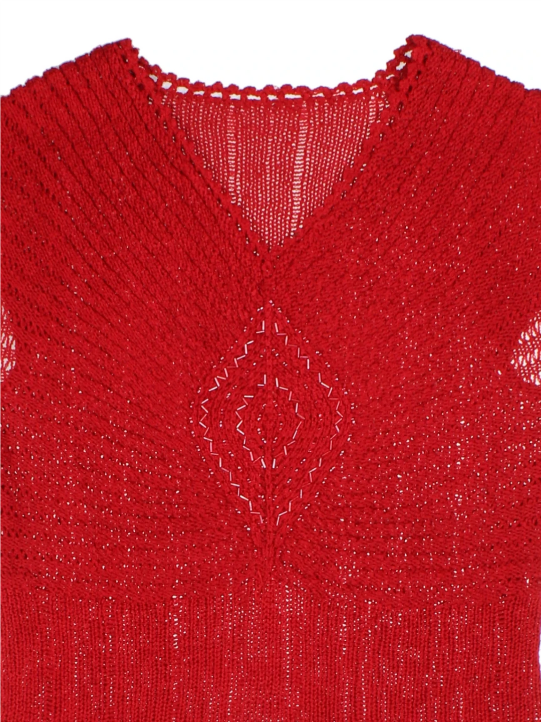 Y2K Red Open Knit V-Neck Short Sleeve Top (Size L)