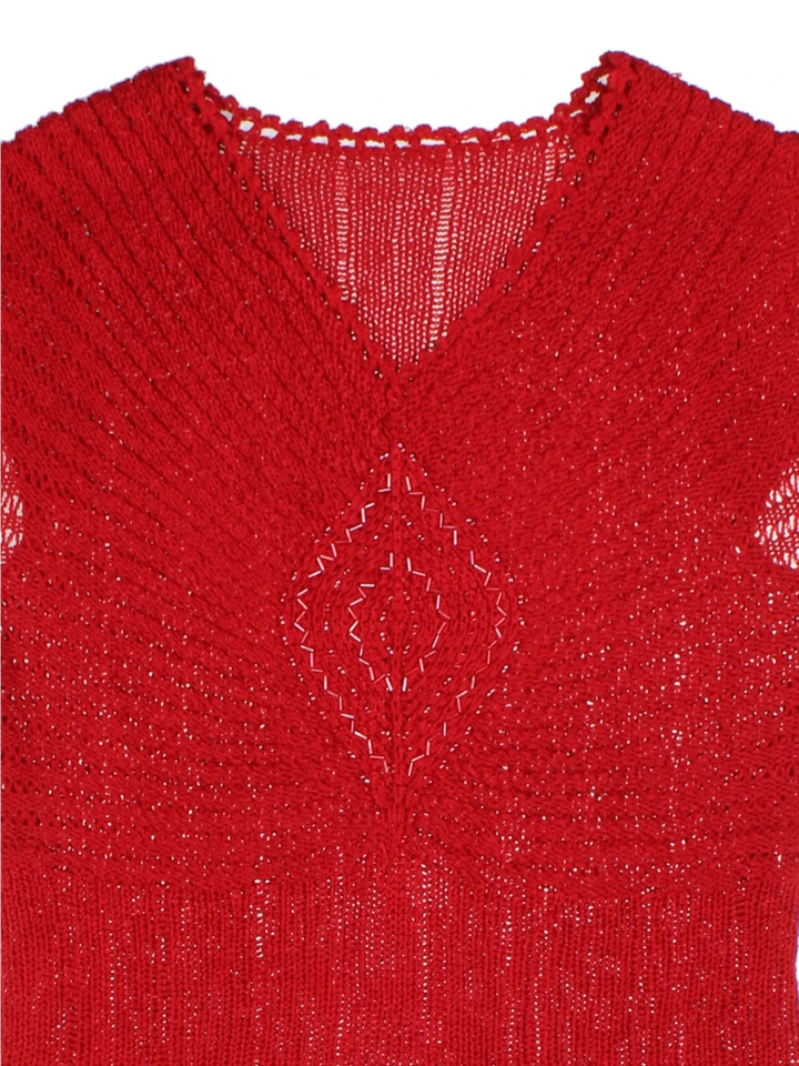 Y2K Red Open Knit V-Neck Short Sleeve Top (Size L)
