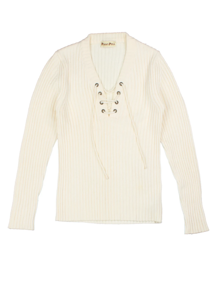 Y2K White V-Neck Wool Knit Jumper (Size M)