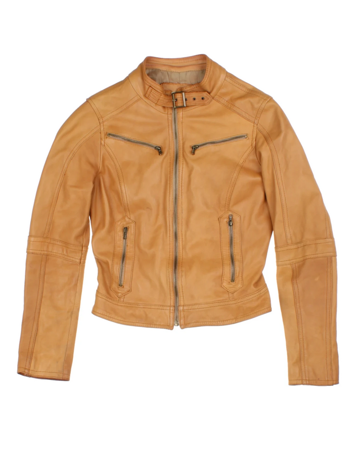Y2K Tan Leather Moto Jacket (Size XS)