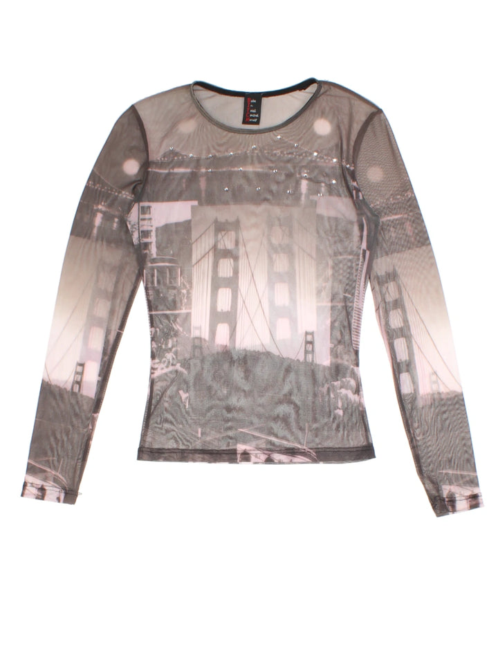 Y2K Brown City Scape Mesh Top (Size S)