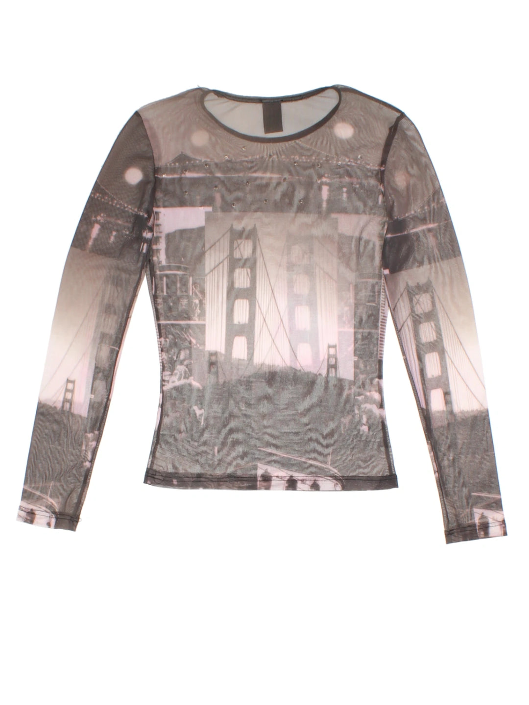 Y2K Brown City Scape Mesh Top (Size S)