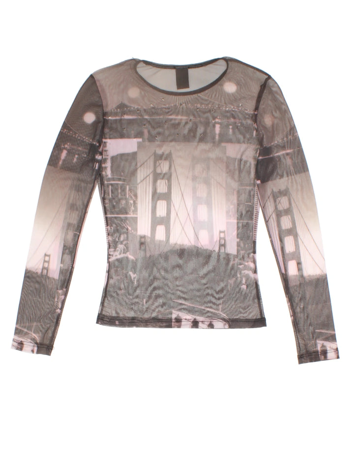 Y2K Brown City Scape Mesh Top (Size S)