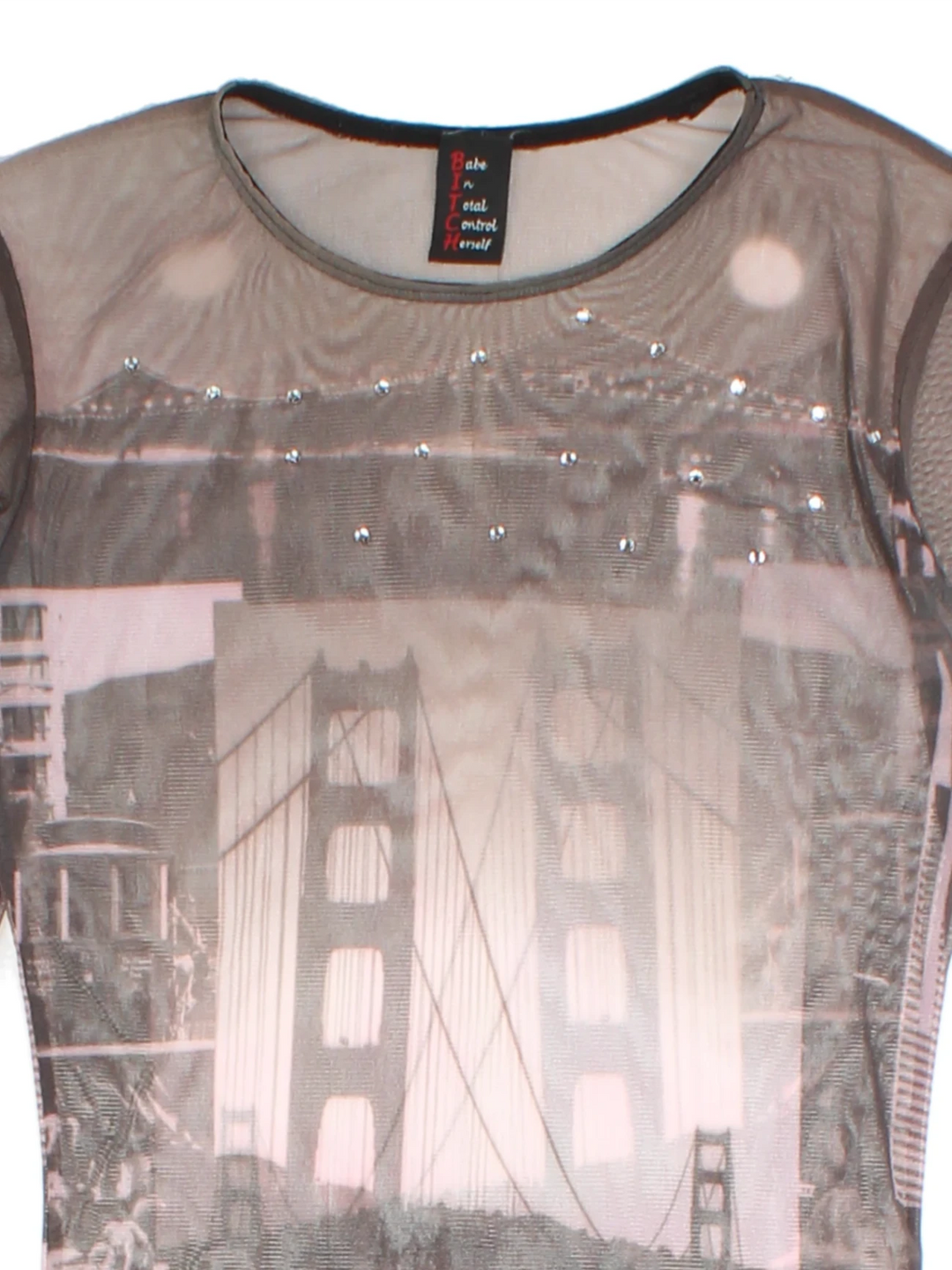 Y2K Brown City Scape Mesh Top (Size S)