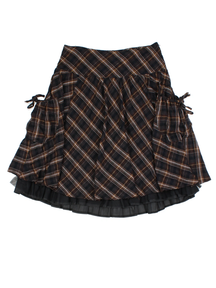 Y2K Brown Checked Layered Mini Skirt (Size M)