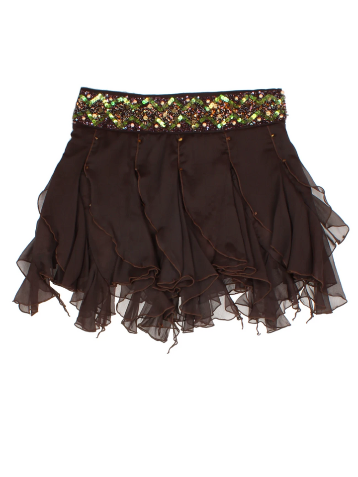 Y2K Brown Embellished Layered Mini Skirt (Size M)