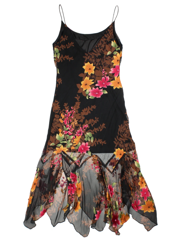 Y2K Black Floral Slip Midi Dress (Size M)