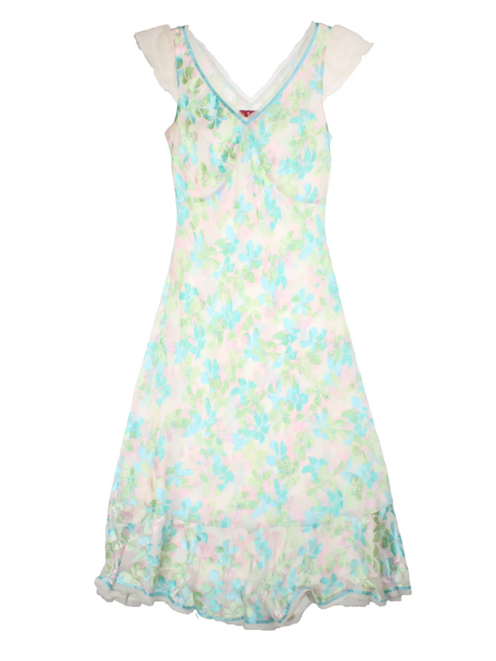 Y2K White Silk Floral V-Neck Midi Dress (Size M)