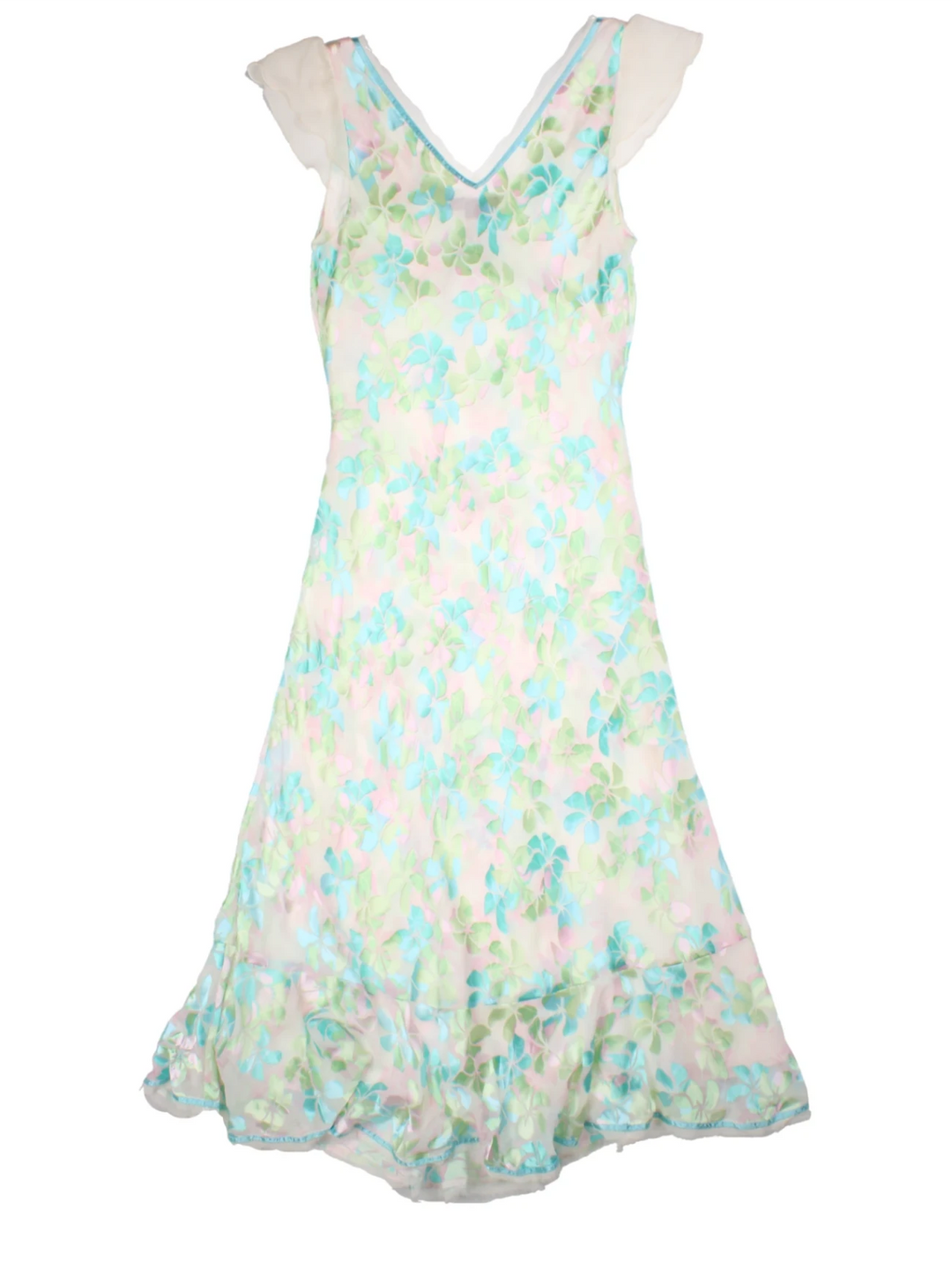 Y2K White Silk Floral V-Neck Midi Dress (Size M)