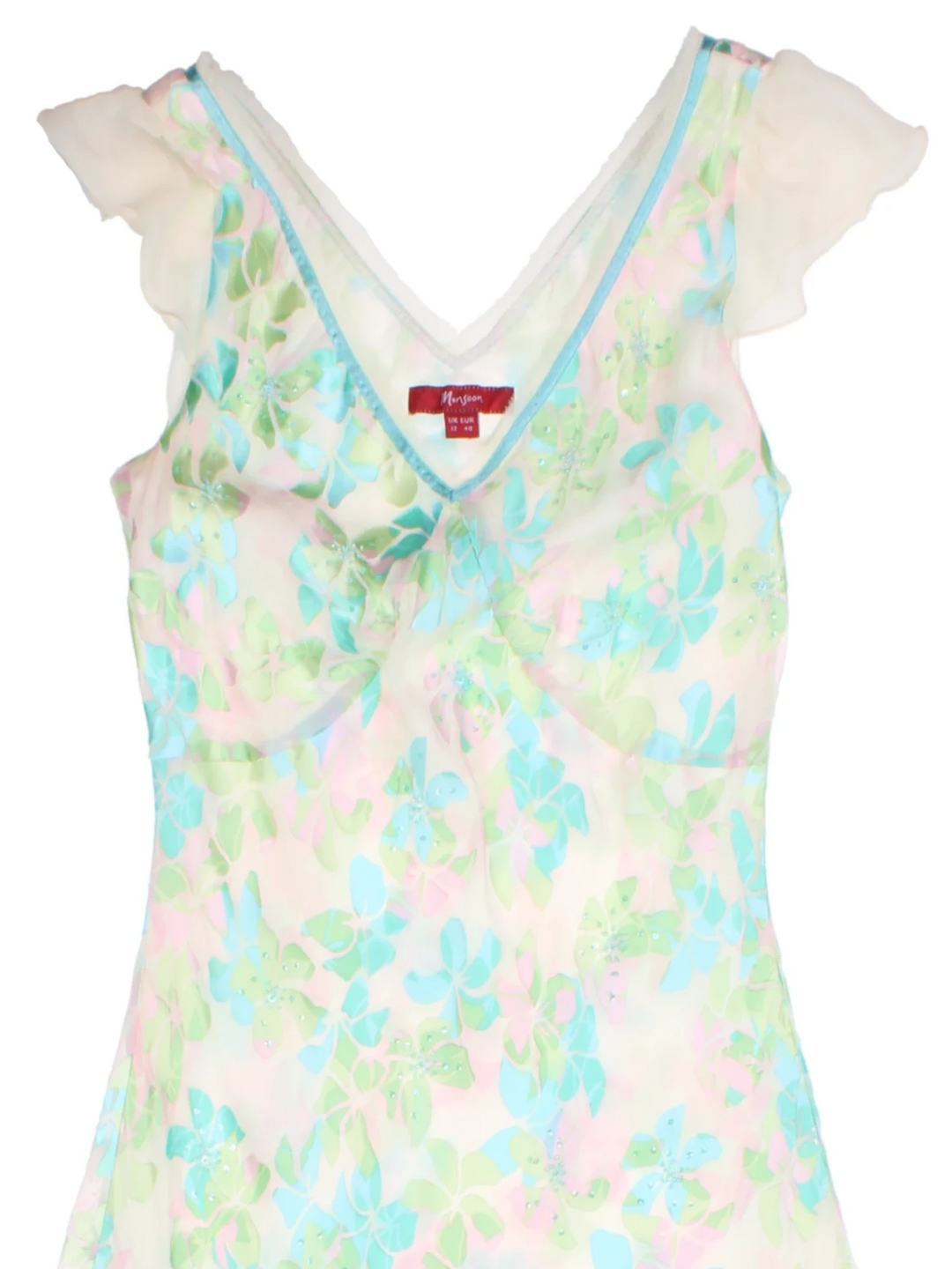 Y2K White Silk Floral V-Neck Midi Dress (Size M)