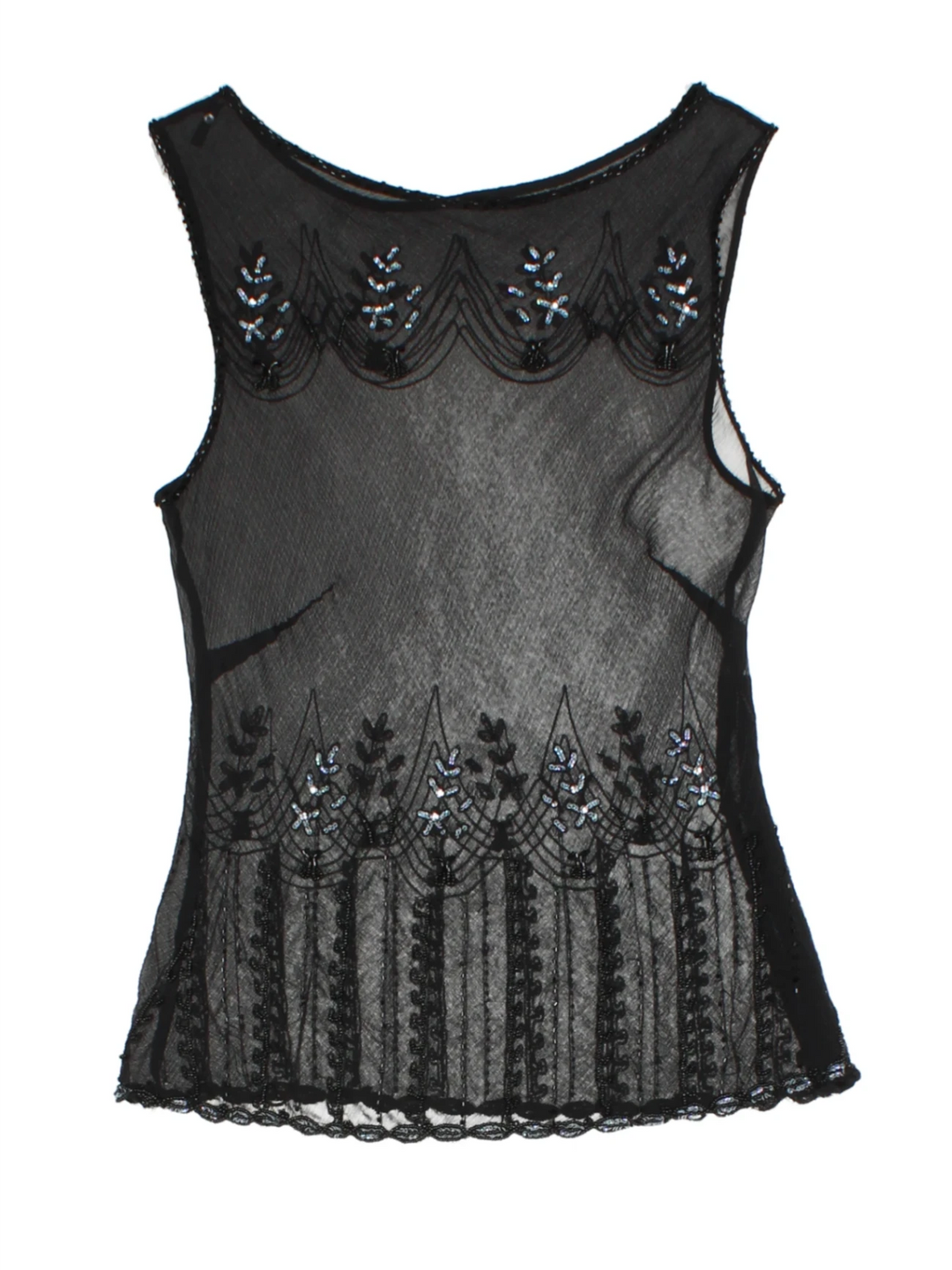 90s Black Embellished Mesh Sleeveless Top (Size M)
