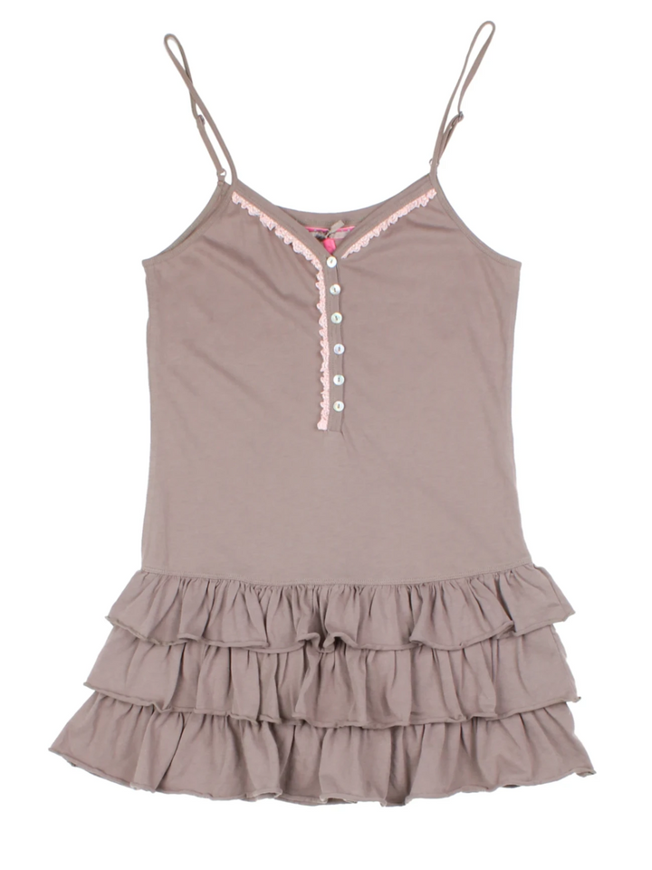 Y2K Brown V-Neck Ruffled Tank Top (Size S)