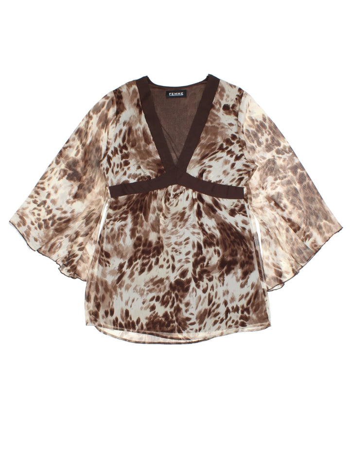 Y2K Brown Sheer Animal Print Kimono Top (Size S)