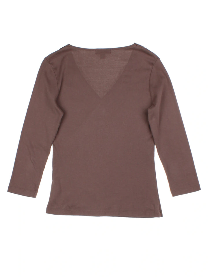 Y2K Brown Embellished V-Neck Top (Size M)