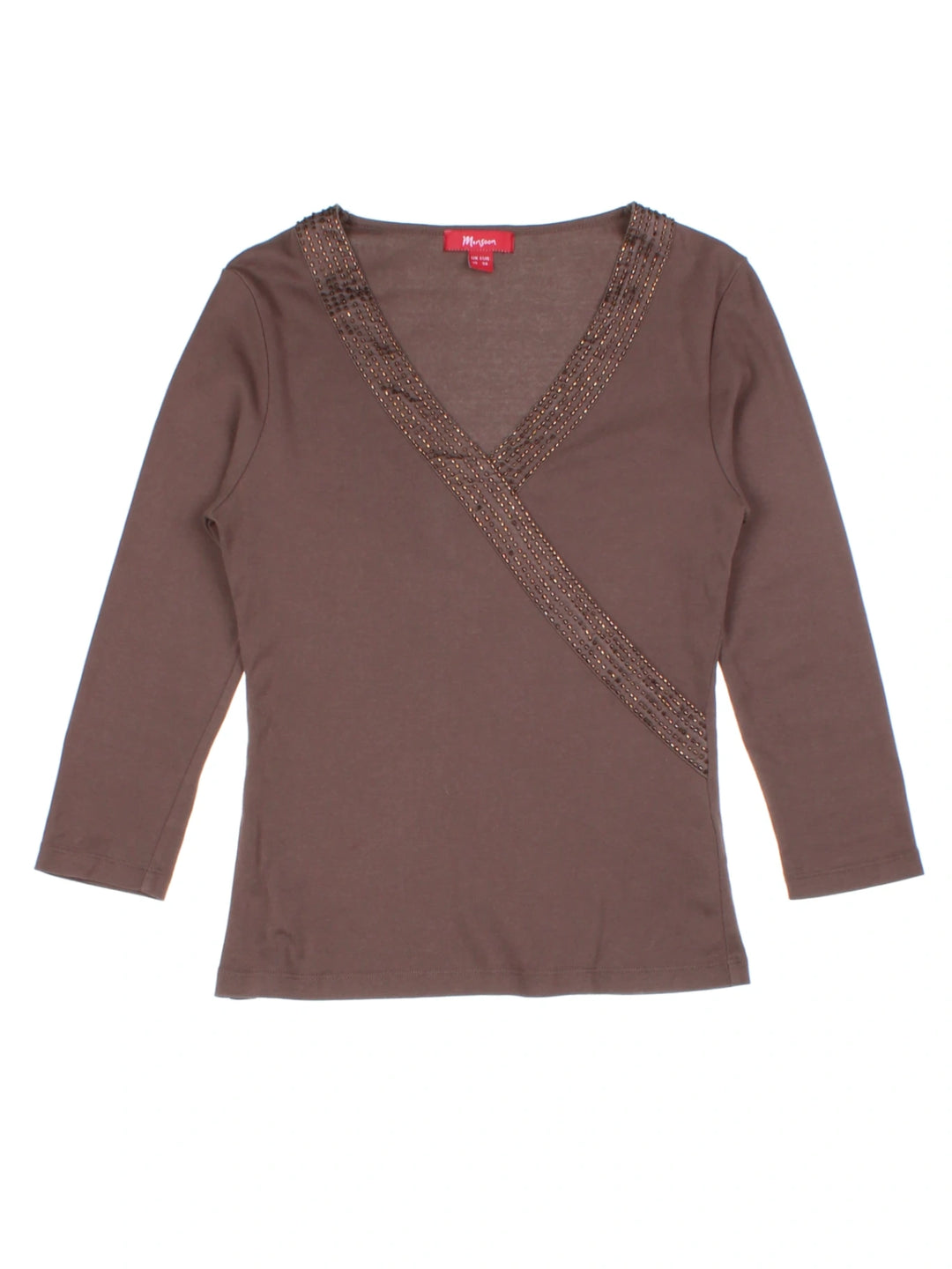 Y2K Brown Embellished V-Neck Top (Size M)