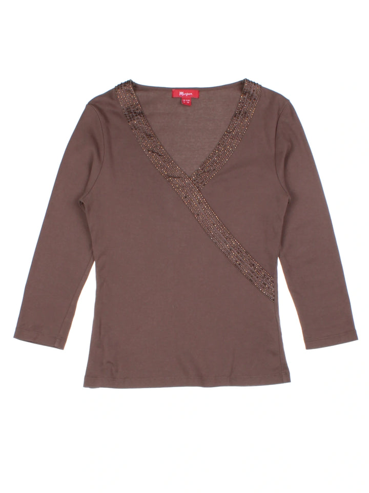 Y2K Brown Embellished V-Neck Top (Size M)