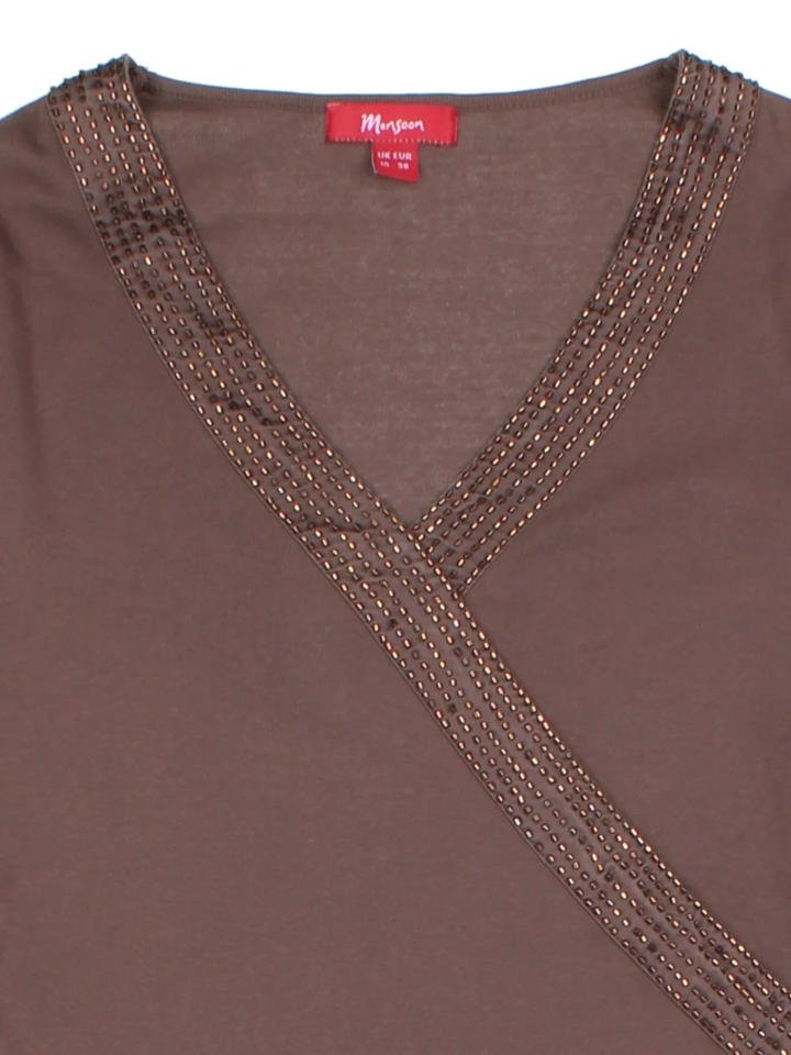Y2K Brown Embellished V-Neck Top (Size M)