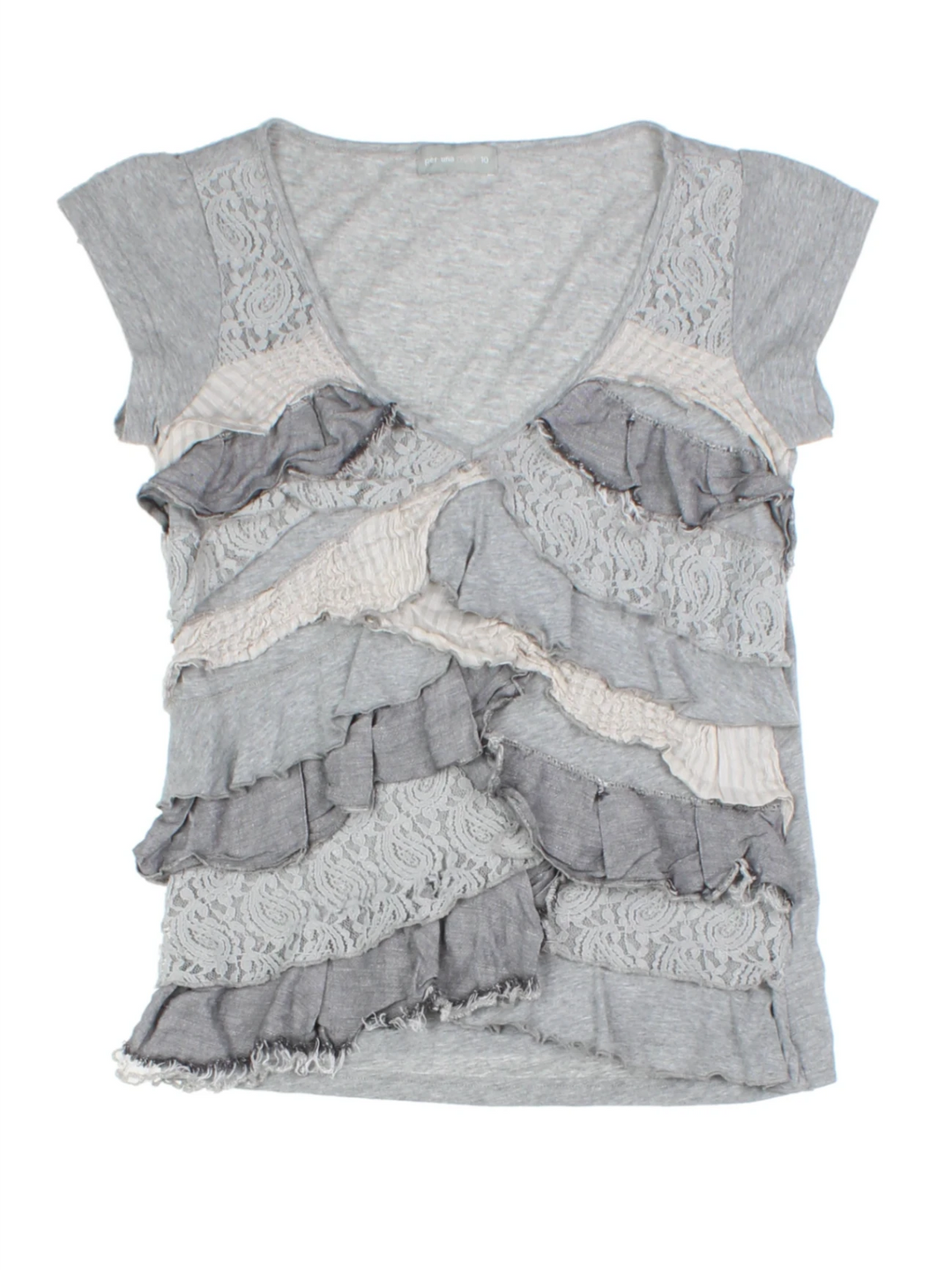 Y2K Grey Ruffle V-Neck T-Shirt (Size S)