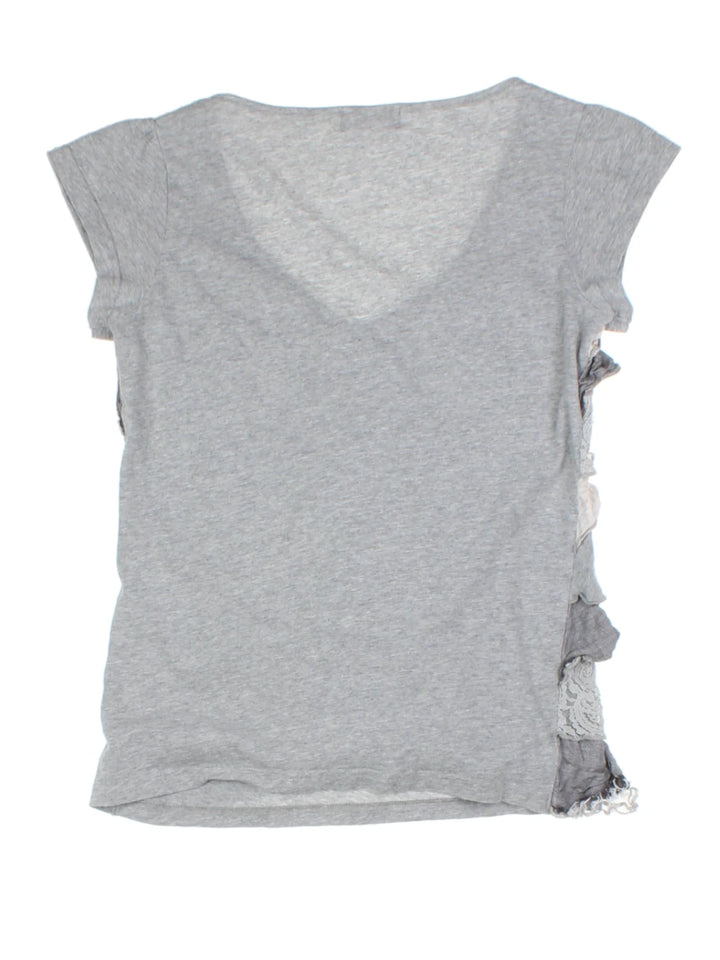Y2K Grey Ruffle V-Neck T-Shirt (Size S)