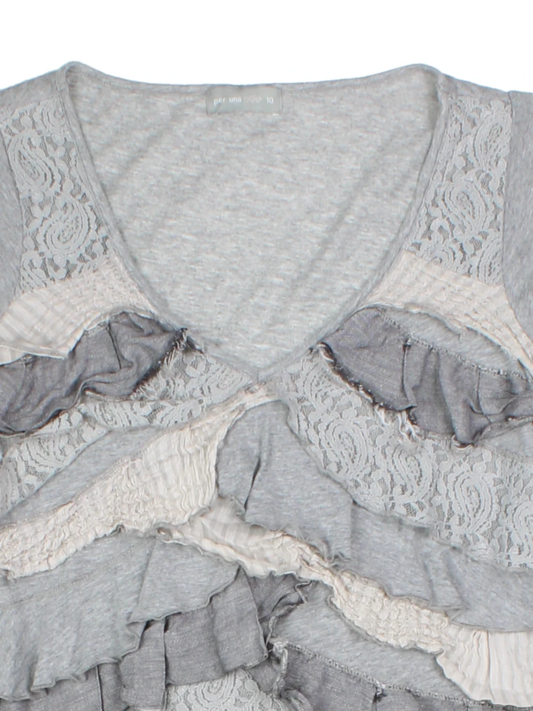 Y2K Grey Ruffle V-Neck T-Shirt (Size S)