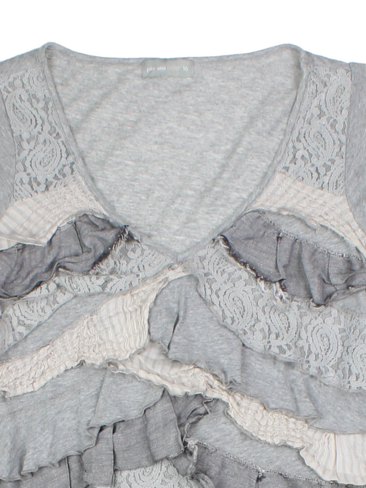 Y2K Grey Ruffle V-Neck T-Shirt (Size S)