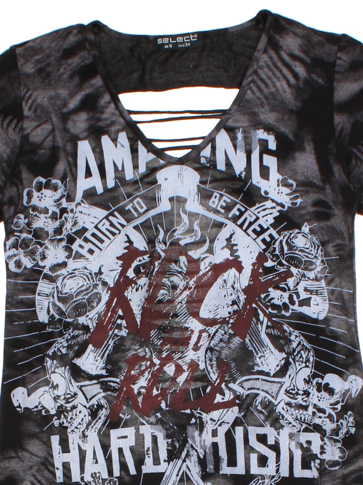 Y2K Black Graphic Open Back T-Shirt (Size S)