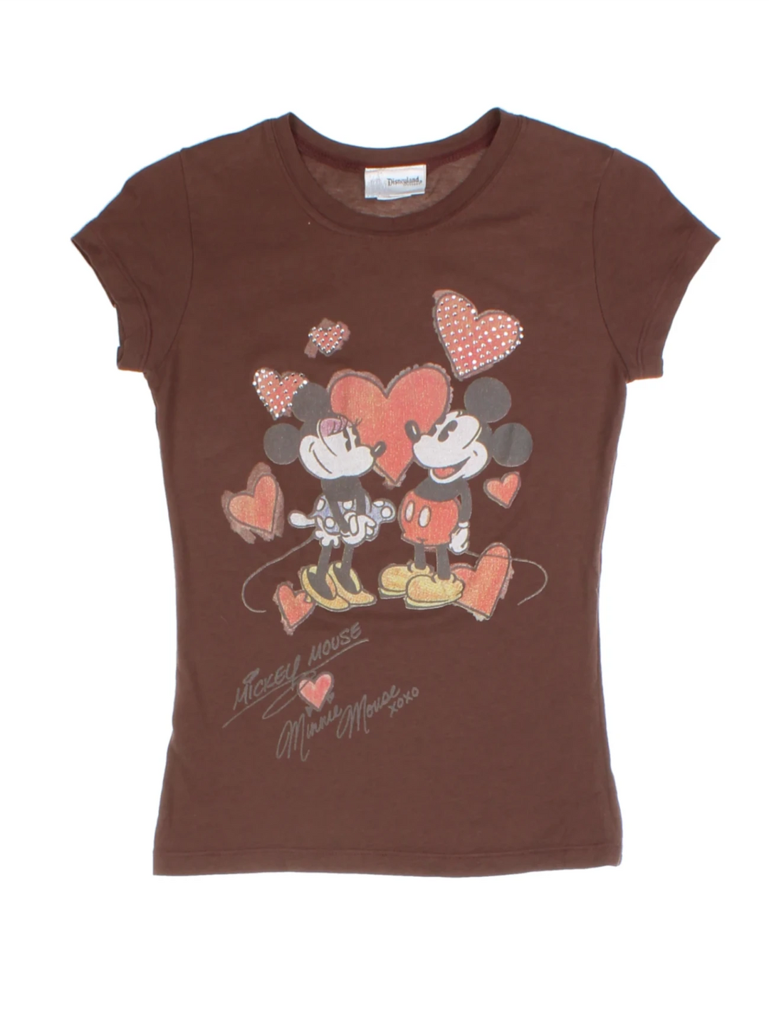 Y2K Brown Embellished Mickey and Minnie Printed Baby Tee (Size S)