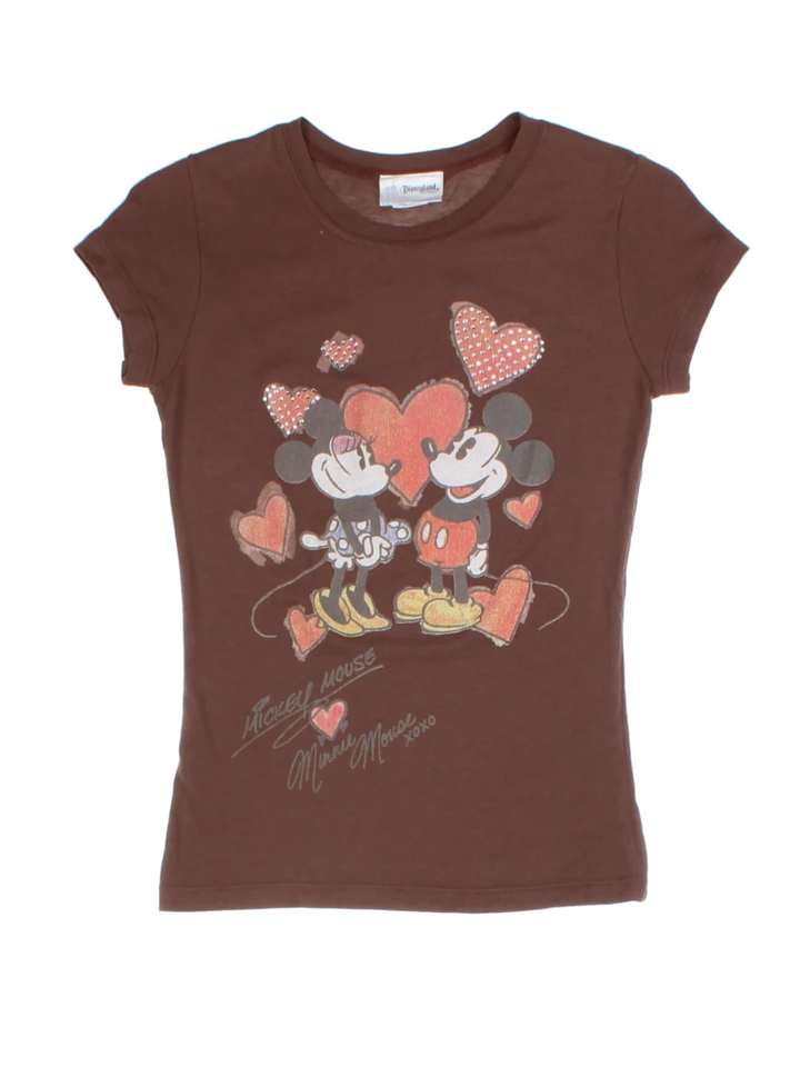 Y2K Brown Embellished Mickey and Minnie Printed Baby Tee (Size S)