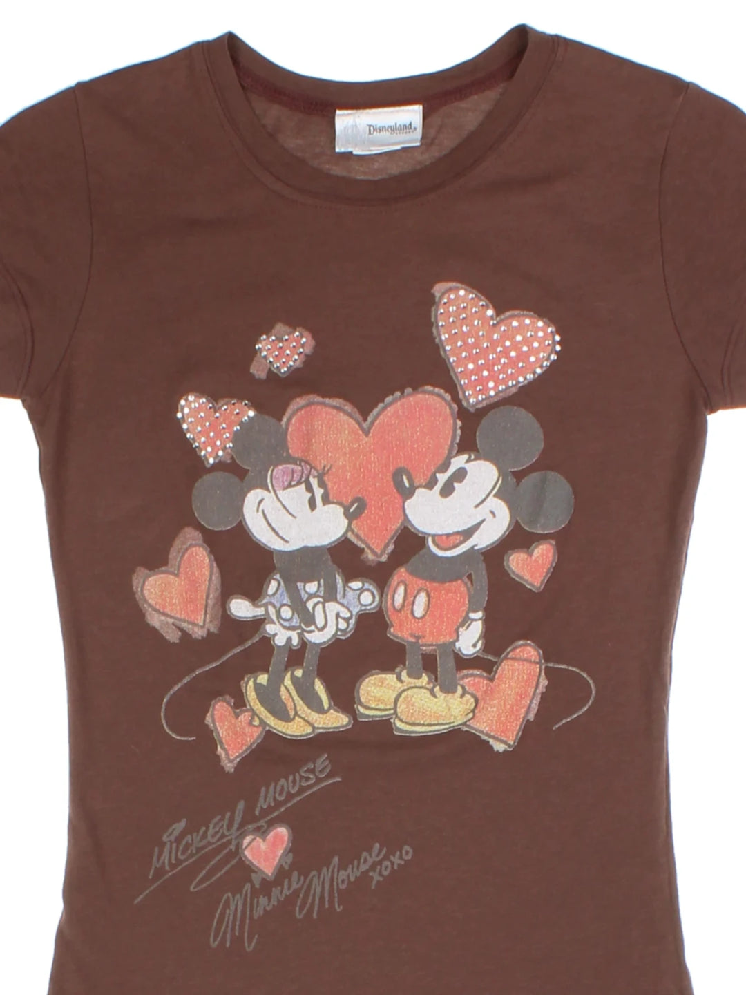 Y2K Brown Embellished Mickey and Minnie Printed Baby Tee (Size S)