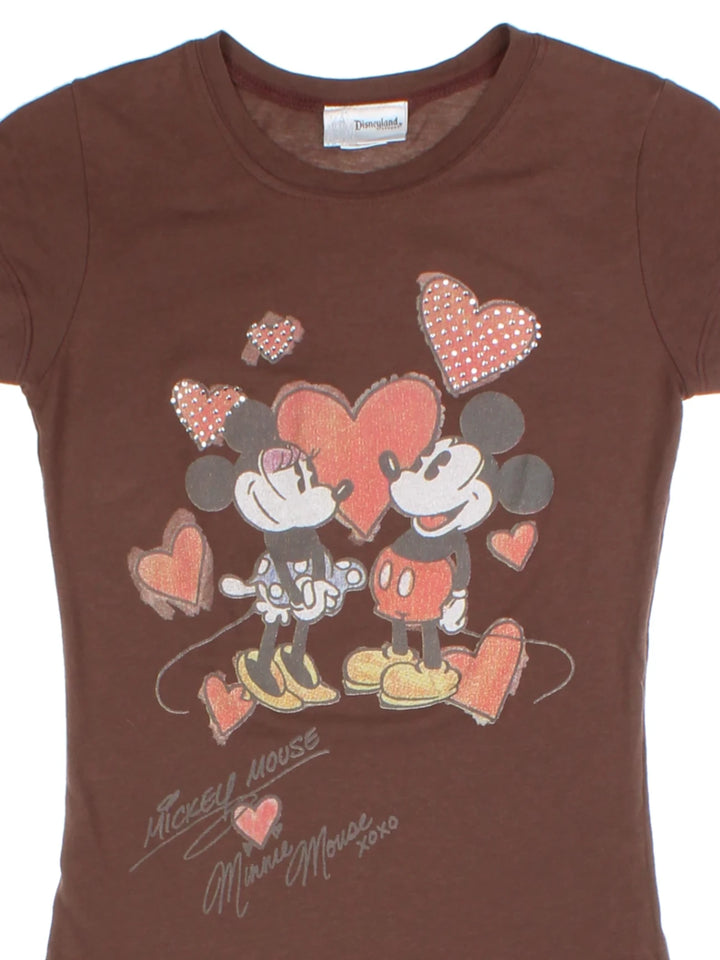 Y2K Brown Embellished Mickey and Minnie Printed Baby Tee (Size S)