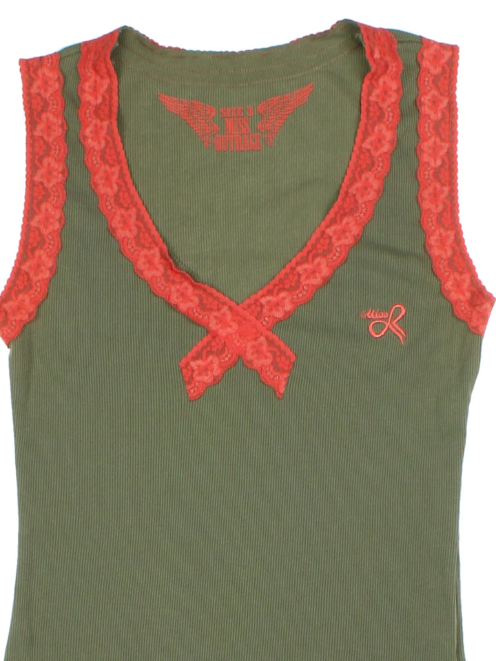 Y2K Green Tank Top Lace Trim (Size M)