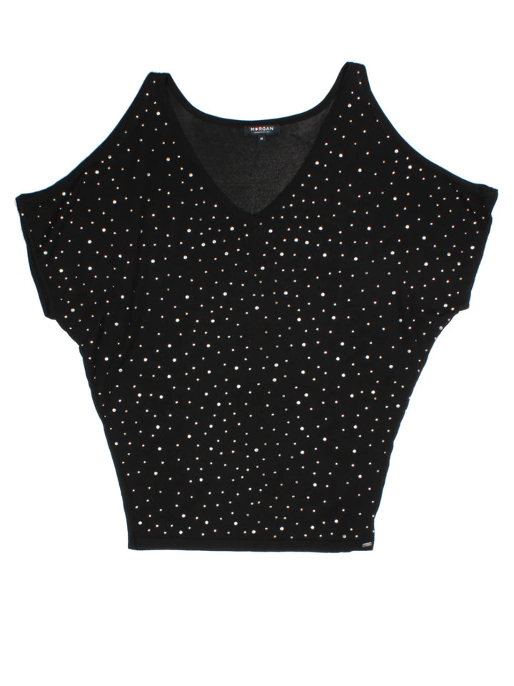Y2K Morgan Black Embellished V-Neck Top (Size M)