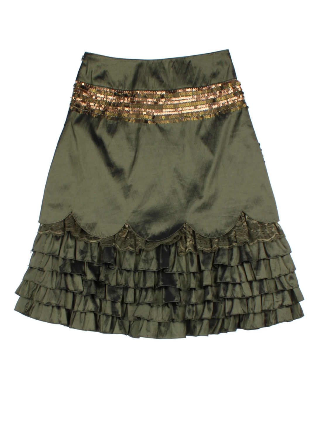 Y2K Sequin Green Layered Midi Skirt (Size M)