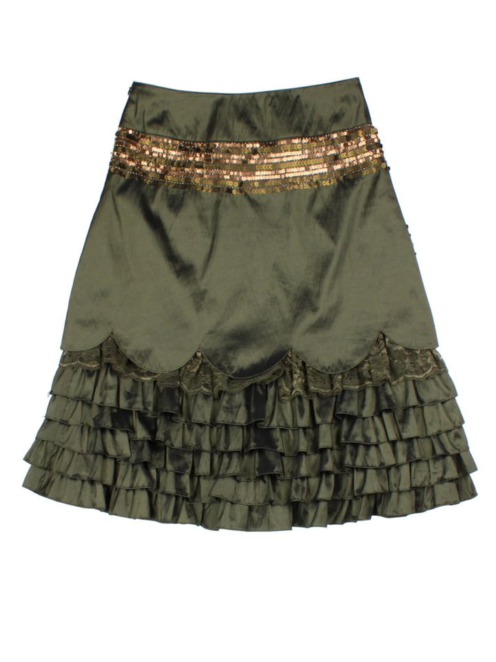 Y2K Sequin Green Layered Midi Skirt (Size M)