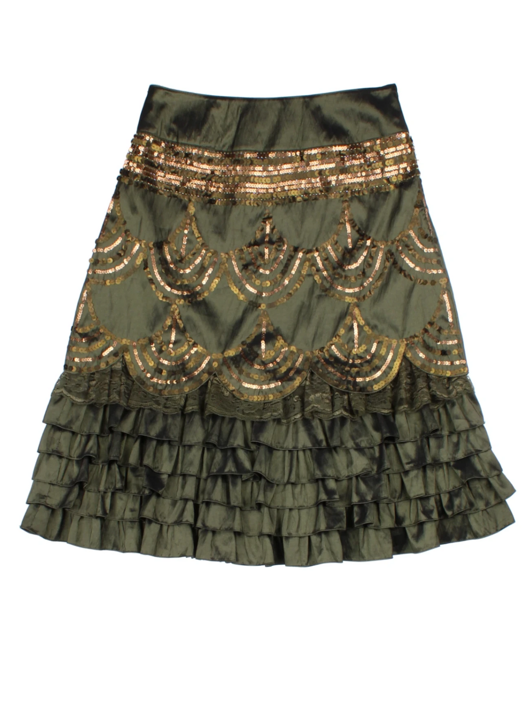Y2K Sequin Green Layered Midi Skirt (Size M)