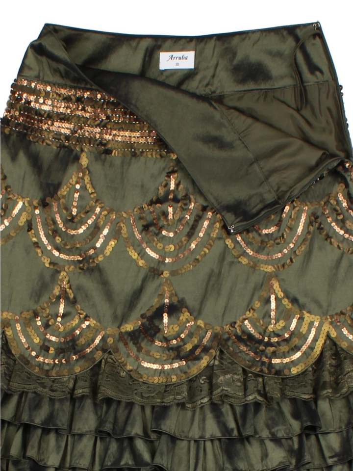 Y2K Sequin Green Layered Midi Skirt (Size M)