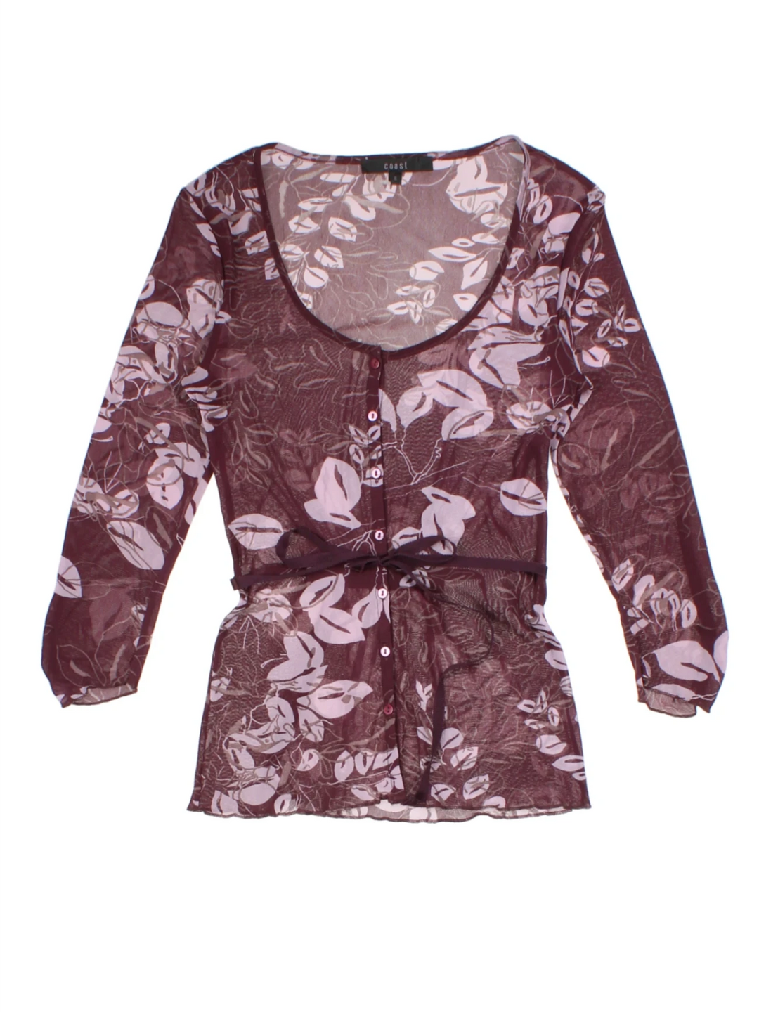 Y2K Floral Sheer Burgundy Button Up Top (Size S)